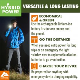 Ozark Trail 750 Lumens LED Hybrid Power Flashlight(4 AA Alkaline and Rechargeable Batteries), Black