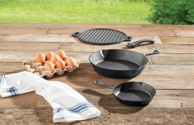 Ozark Trail 4-piece Cast Iron Skillet Set with Handles and Griddle, Pre-seasoned, 6", 10.5", 11"