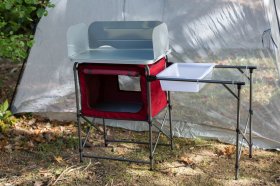 Ozark Trail Deluxe Camping Kitchen with Storage, Silver and Red, 31 Height" x 13 width" x 8.25 length"